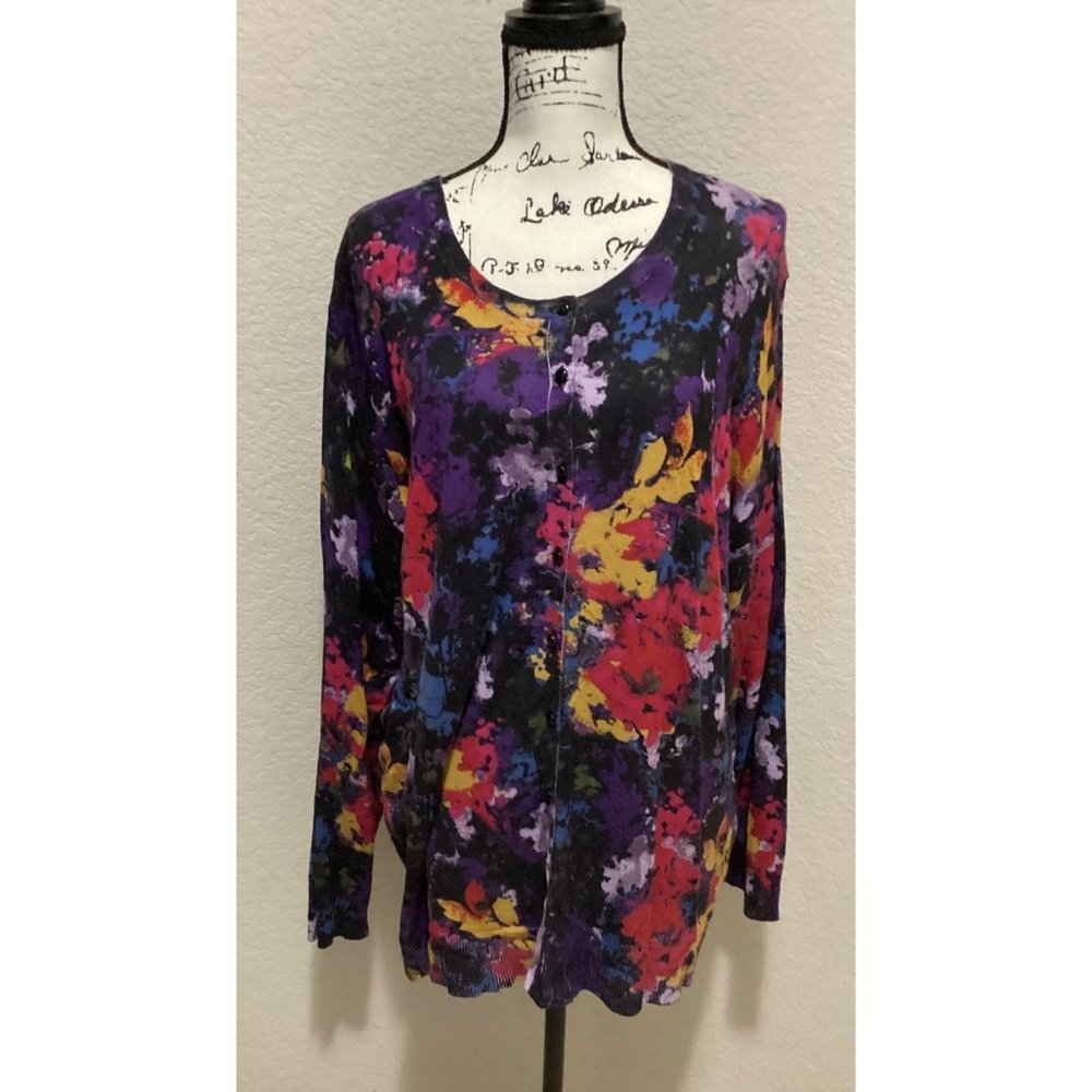 89th Madison Colorful Abstract Print Cardigan Sweater Size 2X